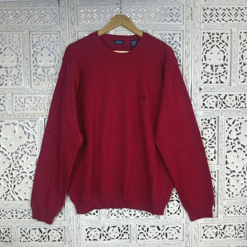 IZOD Red Diamond Argyle Chunky Crewneck Long Sleeve Grandpa Sweater Sz Large‎